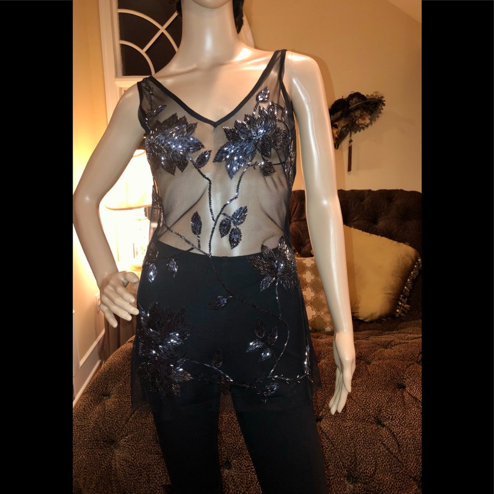 NWOT Carolina USA Black Sheer Beaded Tunic Blouse Sz S